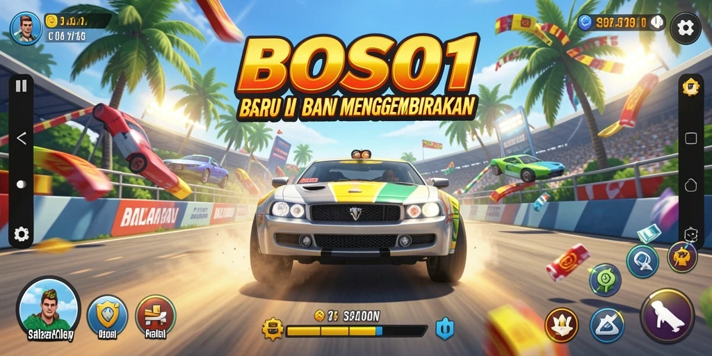 Screenshot gameplay <strong>BOS01</strong> menampilkan aksi balapan yang mendebarkan.