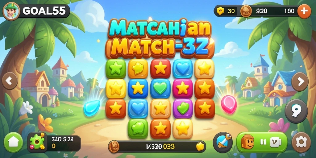 Tangkapan layar utama GOAL55 menampilkan gameplay seru dan warna-warni dari Match-3.