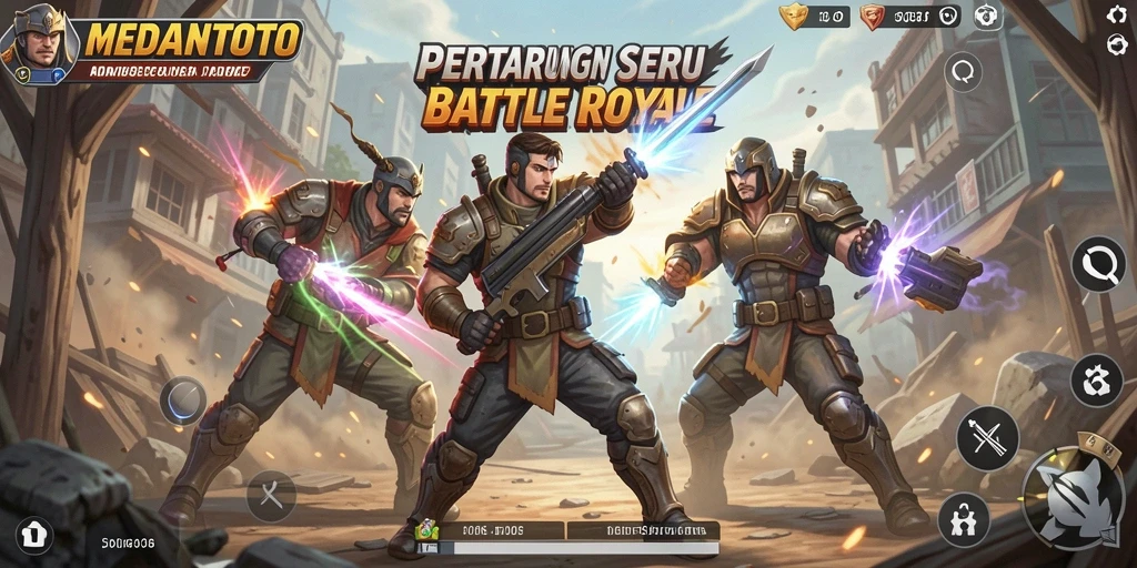 Screenshot gameplay MEDANTOTO menampilkan aksi intens di medan perang Battle Royale.