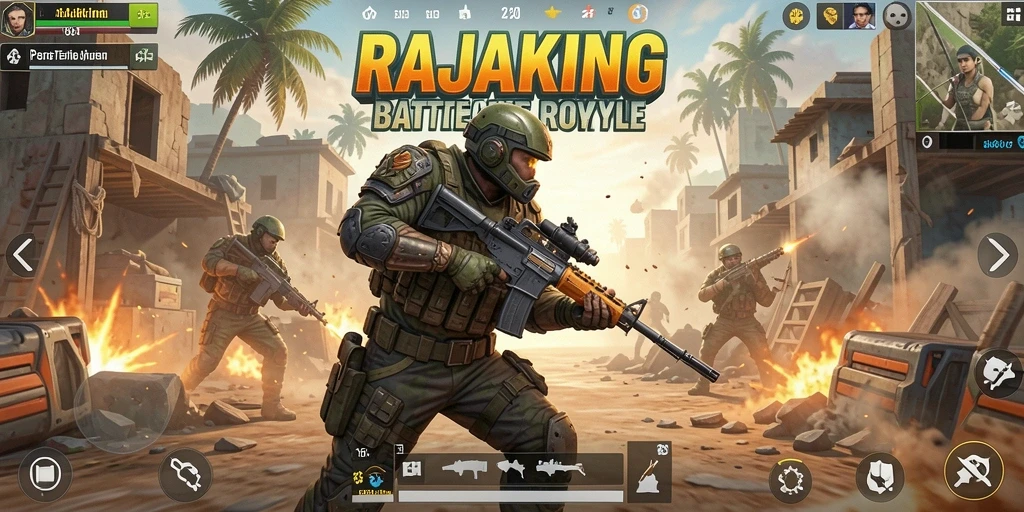 Screenshot gameplay RAJAKING menunjukkan aksi pertempuran intens.