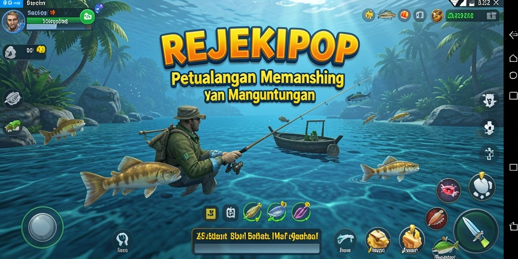 Tampilan gameplay <strong>REJEKIPOP</strong> dengan aksi memancing yang penuh warna.