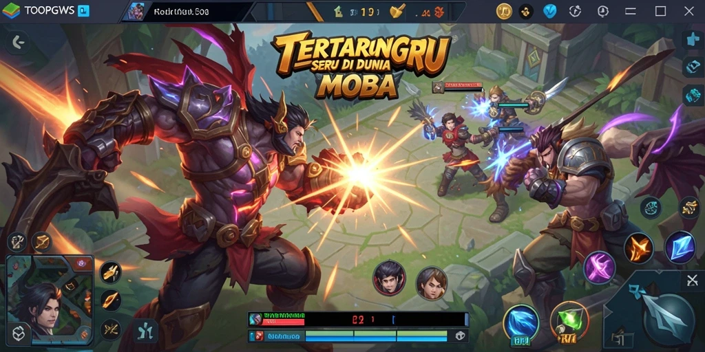 Screenshot TOOPGWS menampilkan aksi intens dalam pertempuran MOBA.