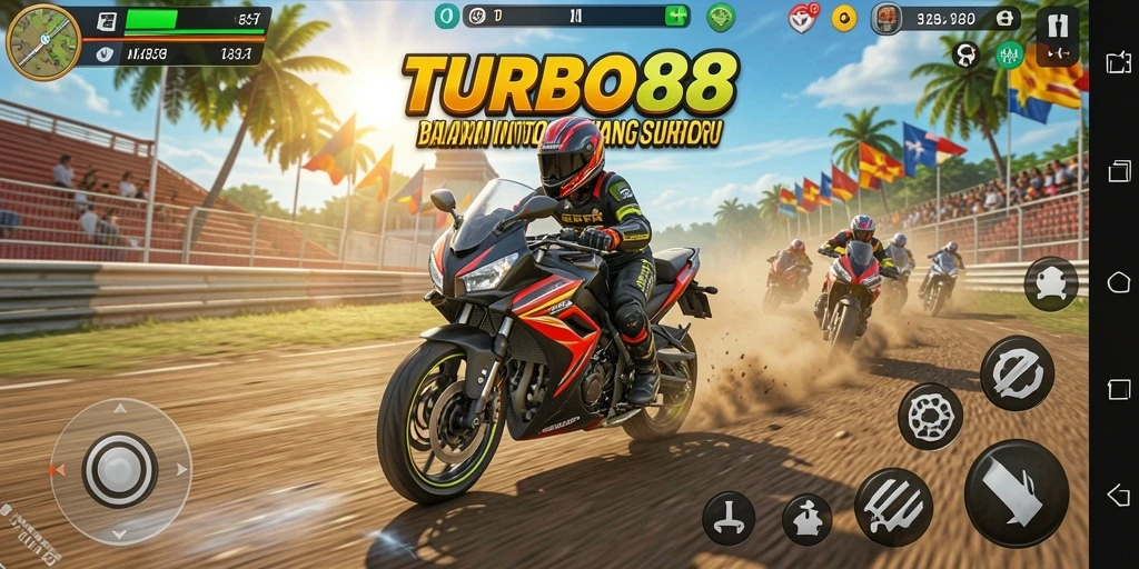 Screenshot utama TURBO88 memperlihatkan aksi balapan motor yang mendebarkan.