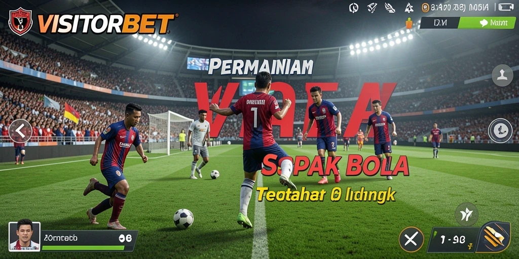 Tampilan permainan sepenuh lapangan dengan aksi sepak bola seru.